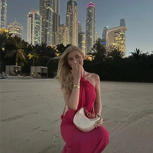 Load image into Gallery viewer, Rose Halter Off-shoulder Sexy Maxi Dress Women Rose Red Sleeveless Backless Lace-up High Waist Club Party Long Dress
