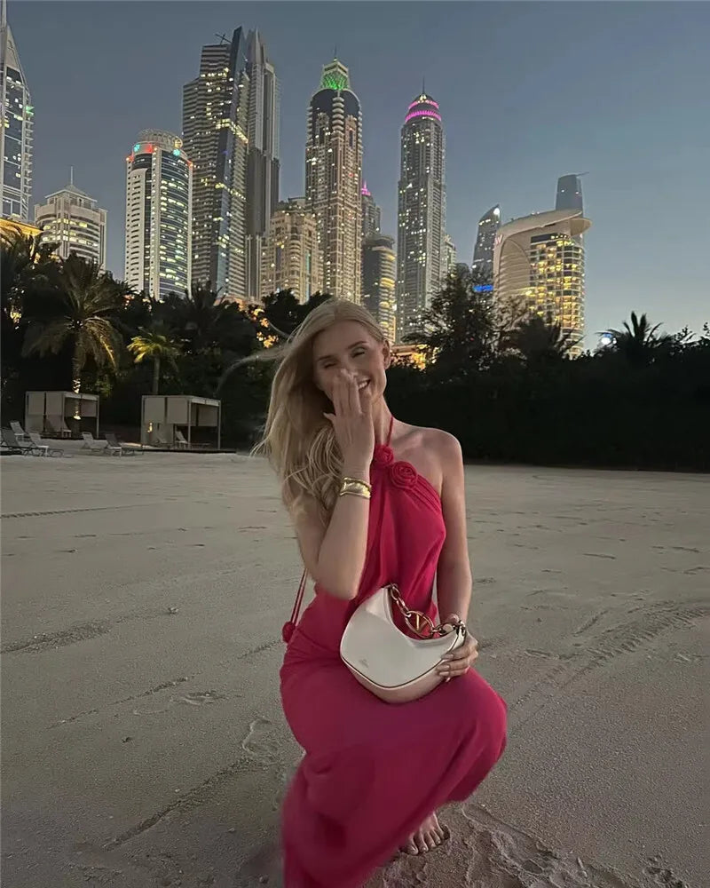 Rose Halter Off-shoulder Sexy Maxi Dress Women Rose Red Sleeveless Backless Lace-up High Waist Club Party Long Dress