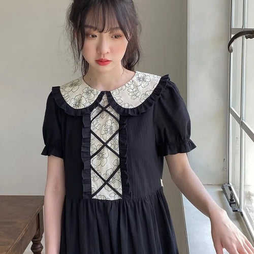 Load image into Gallery viewer, Kawaii Lolita School Dress Soft Sweet Preppy Japanese Student Ruffles Black Puff Sleeve Party Midi Dresses Autumn
