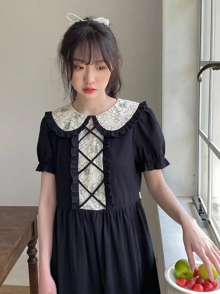 Kawaii Lolita School Dress Soft Sweet Preppy Japanese Student Ruffles Black Puff Sleeve Party Midi Dresses Autumn