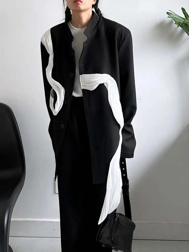 Women Ribbons Color-block Big Size Blazer New Stand Collar Long Sleeve Jacket Fashion Tide Spring Autumn 2025 1DH8156