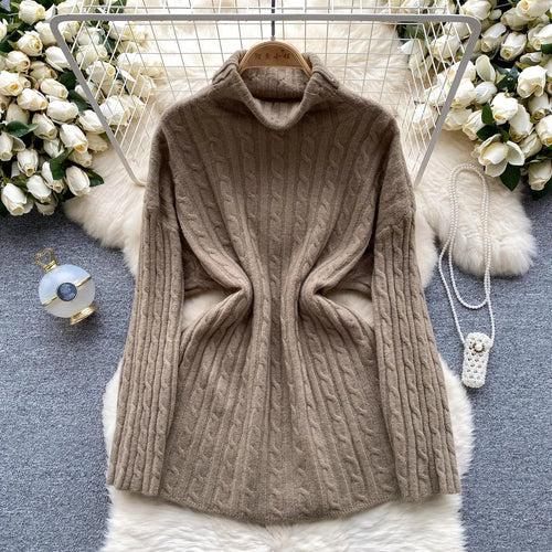 Load image into Gallery viewer, Autumn Winter Women's Solid Elegant High-neck Knitting Sweater Female Loose Thick Warm Long Sleeves Simple Crochet Pullover Tops
