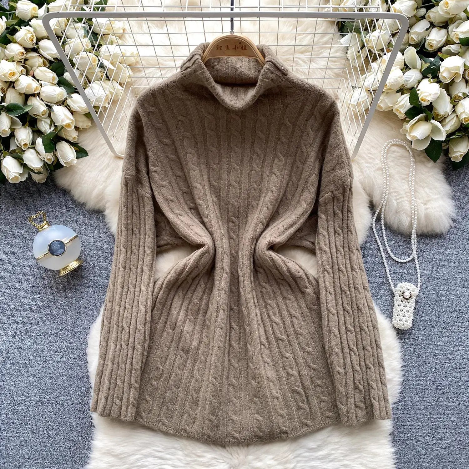 Autumn Winter Women's Solid Elegant High-neck Knitting Sweater Female Loose Thick Warm Long Sleeves Simple Crochet Pullover Tops