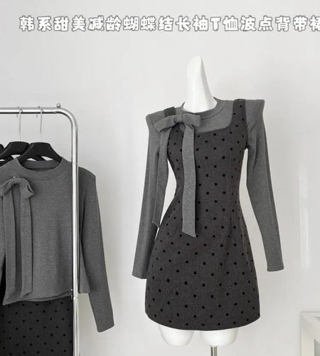 Autumn Women's Fashion 2024 French Two-piece Set Grey Bow Long Sleeves Tops + Square Neck High Waist Dot Wrap Hip Short Dresses