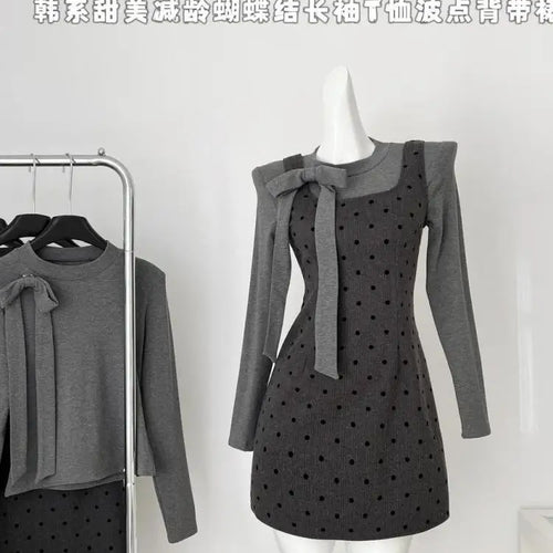Load image into Gallery viewer, Autumn Women's Fashion 2024 French Two-piece Set Grey Bow Long Sleeves Tops + Square Neck High Waist Dot Wrap Hip Short Dresses
