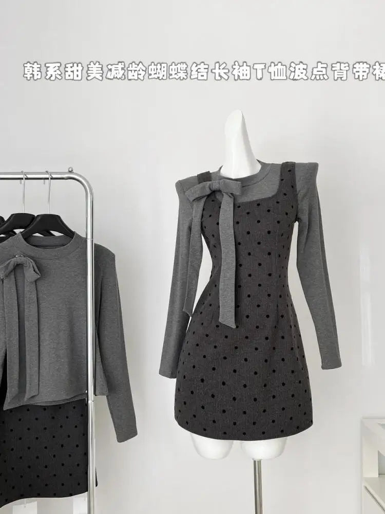 Autumn Women's Fashion 2024 French Two-piece Set Grey Bow Long Sleeves Tops + Square Neck High Waist Dot Wrap Hip Short Dresses