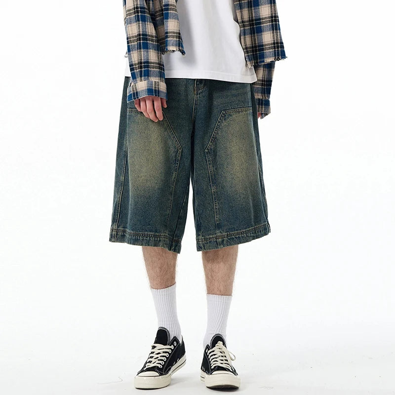 High Street Men's  Denim Shorts American Washed Solid Color Straight Leg Design Cropped Male Short Jeans 9W1469