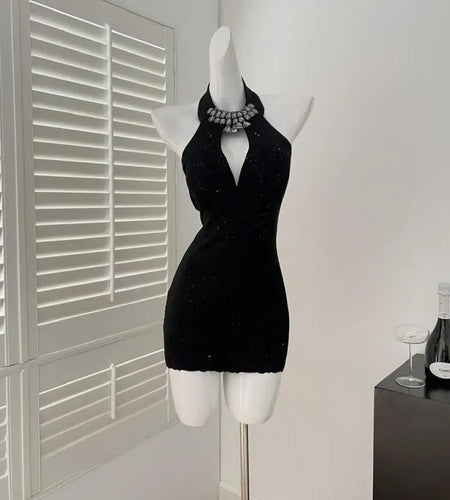 French Black Diamond Off Shoulder Halter Short Dress For Women Summer 2025 New Hollow Out Backless Sexy Club Mini Wrap Hip Dress