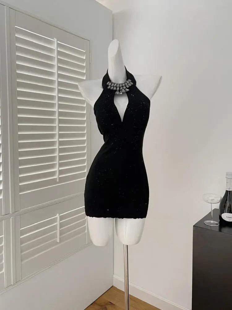 French Black Diamond Off Shoulder Halter Short Dress For Women Summer 2025 New Hollow Out Backless Sexy Club Mini Wrap Hip Dress