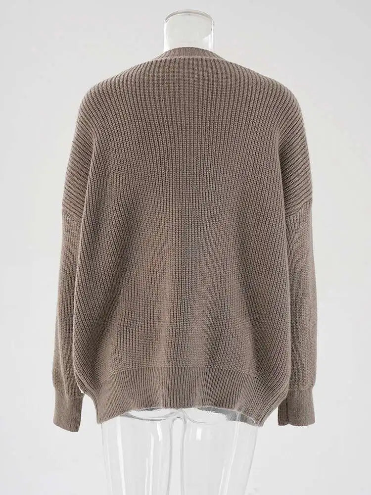 Brown Denim Pocket Big Size Knitting Cardigan Sweater V-Neck Long Sleeve Women New Fashion Tide Spring Autumn 2025 CPG1987