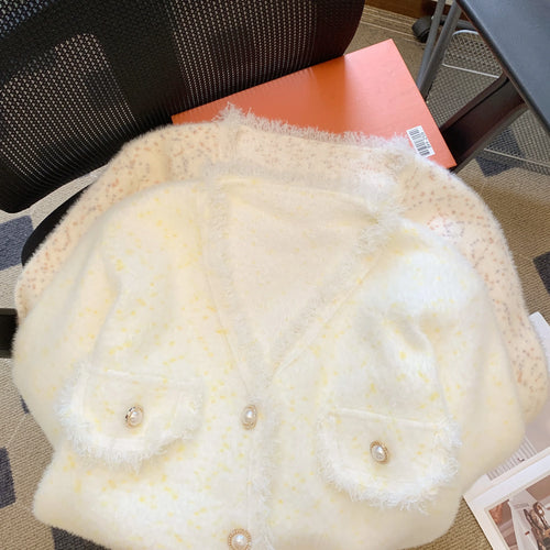 Load image into Gallery viewer, Autumn Winter French White Print V Neck Tassel Elegant Knitted Cardigan Tops Women Single Breasted Long Sleeve Mink Sweater Chic
