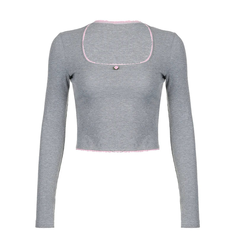 Cutecore Square Neck Hotsweet Long Sleeve T shirt Slim Basic Casual Autumn Women's Tee Top Short Coquette Clothes