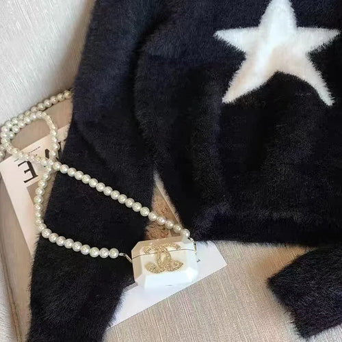 Load image into Gallery viewer, Autumn Winter Black Star Imitation Mink Long Sleeves Knitted Sweater French Fashion Women's Elegant Versatile Pullover Tops Chic
