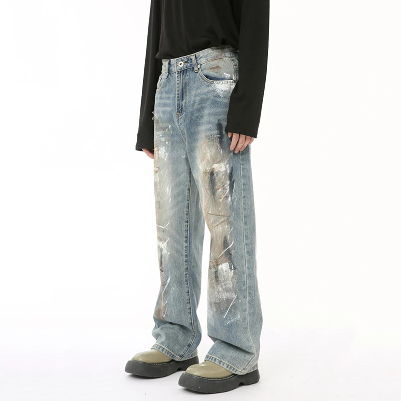 Niche Style Men's Jeans Worn-out Dirty Graffiti Loose Trousers Straight Wide Leg Male Casual Jeans Trend Summer 9C6607