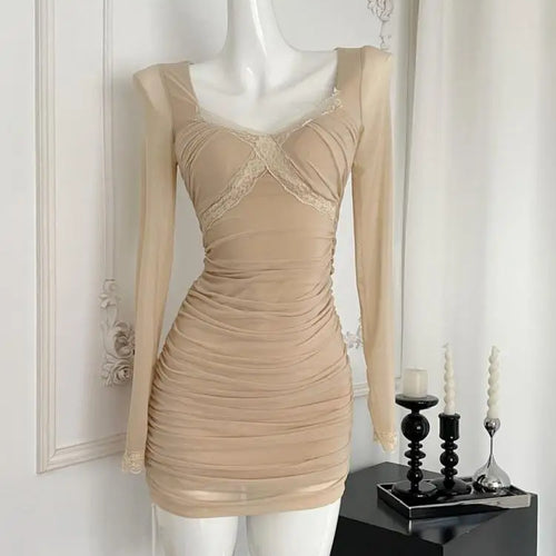 Load image into Gallery viewer, Autumn Winter Khaki Lace Square Neck Elegant Slim Pleated Dress For Women New Brown Mesh Long Sleeves Festival Short Dress Trend
