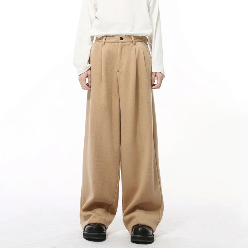 Korean Style Men's Casual Pants Woolen Solid Color Pleated Trousers Straight Wide Leg Loose Male Bottom New Winter 9C9212