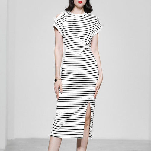 Load image into Gallery viewer, Casual Striped Dresses For Women Round Neck Short Sleeve High Waist Off Shoulder Split Pencil Dress Female Fashion
