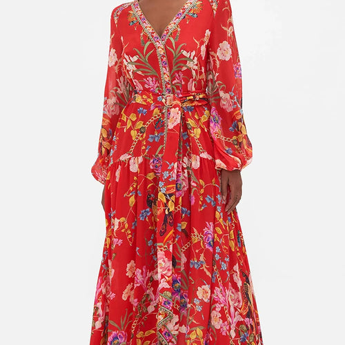 Load image into Gallery viewer, Floral Print Dresses For Women V Neck Lantern Sleeve Gatheres Waist Patchwork Belt A Line Fashion Dress Female Spring 2023
