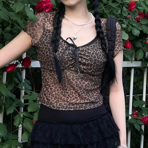 Load image into Gallery viewer, Vintage Fashion Skinny Y2K Mesh Top Cropped Tees Lace Trim Folds 2000s Aesthetic Transparent Summer T shirt Women New
