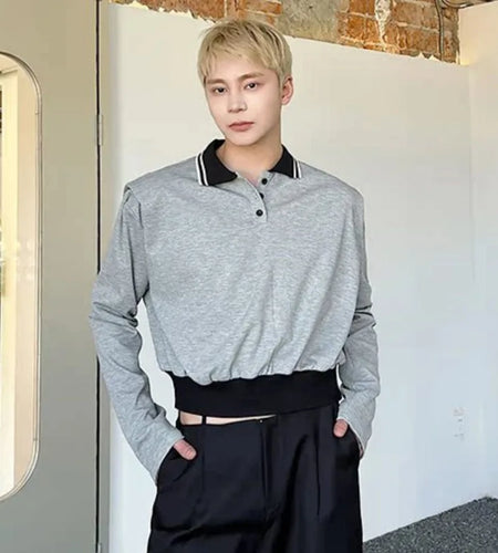 Male T-shirts New College Style Short Personalized Lapel Turn-down Collar Contrast Color Spliced Top Spring Trend 9W1279