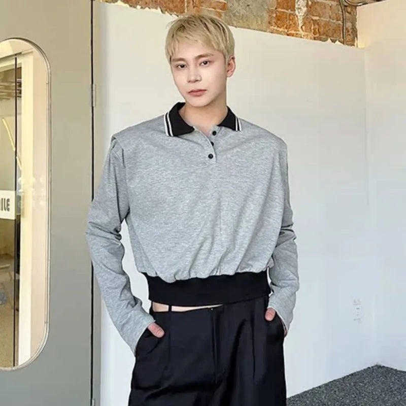 Male T-shirts New College Style Short Personalized Lapel Turn-down Collar Contrast Color Spliced Top Spring Trend 9W1279