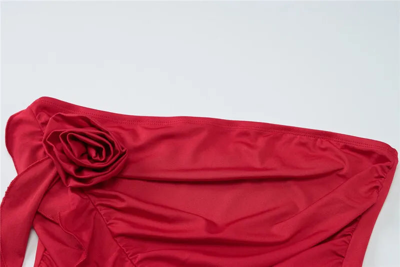 Sexy Women Dress Sets Rose Strapless Crop Tops And Mini Skirt Sets Female Elegant Ruffled Club Party Two Piece Sets