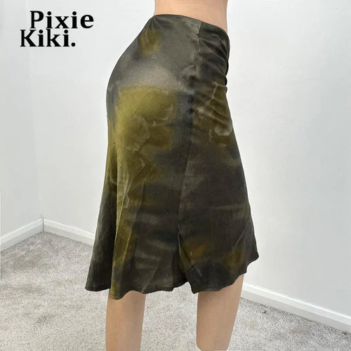 Load image into Gallery viewer, Retro Green Printed Low Waisted Midi Skirts for Woman Y2k 2000s Aesthetic Summer Clothes Women 2024 P67-BF12
