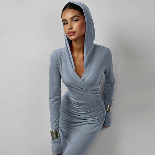 Load image into Gallery viewer, Elegant V Neck Hooded Maxi Dress For Women Autumn Winter New Long Sleeve Bodycon Ruched Fashion Long Dress New
