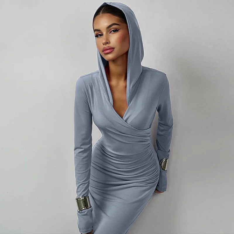 Elegant V Neck Hooded Maxi Dress For Women Autumn Winter New Long Sleeve Bodycon Ruched Fashion Long Dress New