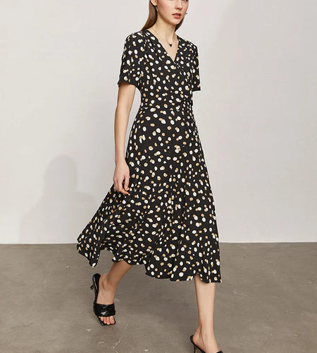 Minimalism Summer New Dress For Women Fashion Dot Printed Vneck Slim Fit Midi Aline Chiffon White Dress Vestidos 12140471