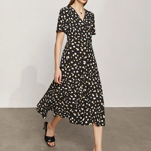 Minimalism Summer New Dress For Women Fashion Dot Printed Vneck Slim Fit Midi Aline Chiffon White Dress Vestidos 12140471