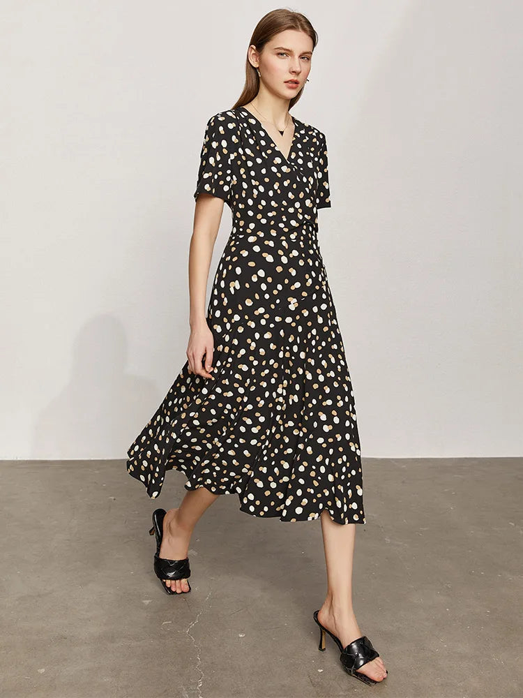 Minimalism Summer New Dress For Women Fashion Dot Printed Vneck Slim Fit Midi Aline Chiffon White Dress Vestidos 12140471