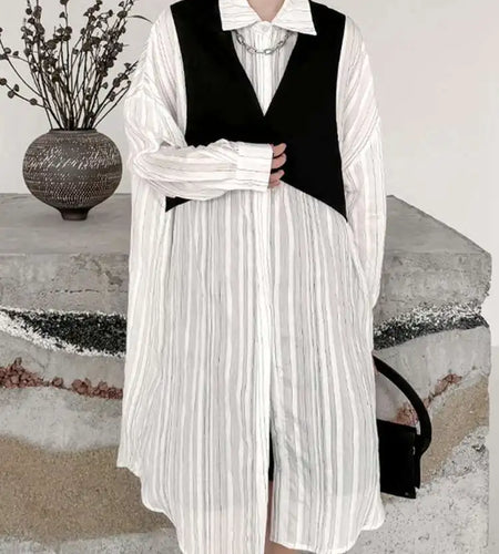 Women Black White Color-block Big Size Striped Shirt Dress New Lapel Long Sleeve Fashion Spring Autumn 2025 1DH4348