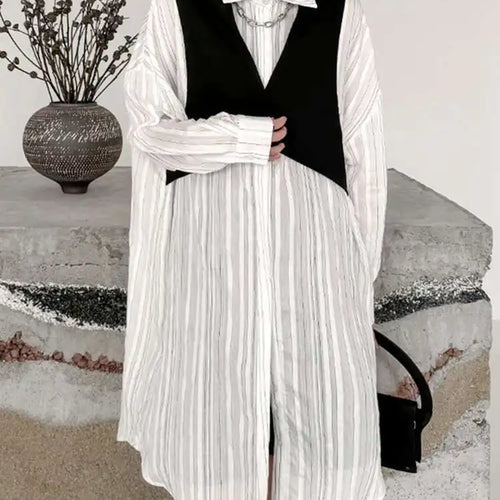 Load image into Gallery viewer, Women Black White Color-block Big Size Striped Shirt Dress New Lapel Long Sleeve Fashion Spring Autumn 2025 1DH4348
