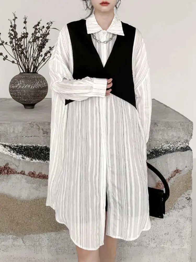Women Black White Color-block Big Size Striped Shirt Dress New Lapel Long Sleeve Fashion Spring Autumn 2025 1DH4348