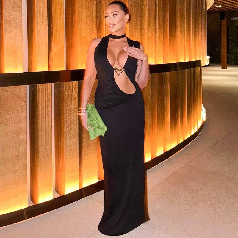 Hollow Out Halter Sexy Maxi Dress Women Summer New Metal Decoration Sleeveless Slim High Waist Long Dress Elegant