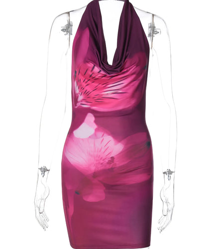 Floral Print Halter Swing Collar Backless Sexy Elegant Mini Dress Spring Summer Casual Outfits Beach Vacation Party