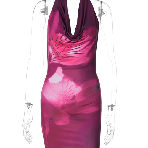 Load image into Gallery viewer, Floral Print Halter Swing Collar Backless Sexy Elegant Mini Dress Spring Summer Casual Outfits Beach Vacation Party
