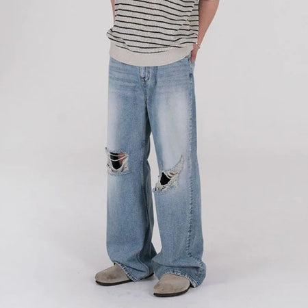 Men's Jeans Washed Worn-out Design New Summer Loose Denim Pants Korean Hole Decoration Causal Trendy Male Bottoms 9W1629