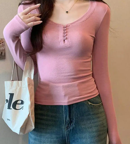 2024 Autumn Women Gray Button Long Sleeve T Shirt Korean Style Casual Vintage Pink Slim O Neck Beige Pullover Tops Fashion Trend