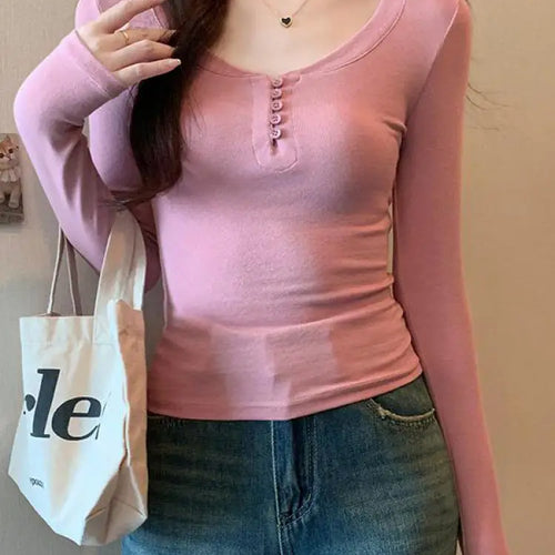 Load image into Gallery viewer, 2024 Autumn Women Gray Button Long Sleeve T Shirt Korean Style Casual Vintage Pink Slim O Neck Beige Pullover Tops Fashion Trend
