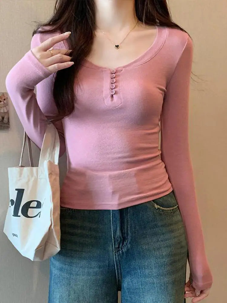 2024 Autumn Women Gray Button Long Sleeve T Shirt Korean Style Casual Vintage Pink Slim O Neck Beige Pullover Tops Fashion Trend