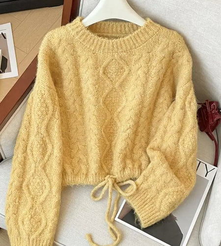French Fashion Autumn Winter Beige Yellow Elegant Drawstring Lace-up Short Sweater Women's 2024 New Grey Long Sleeved Knit Tops