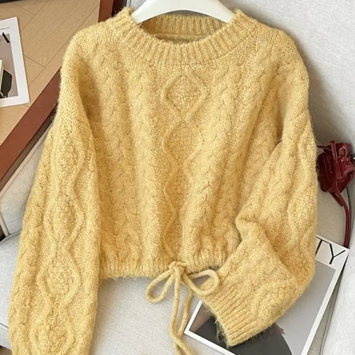 Load image into Gallery viewer, French Fashion Autumn Winter Beige Yellow Elegant Drawstring Lace-up Short Sweater Women's 2024 New Grey Long Sleeved Knit Tops

