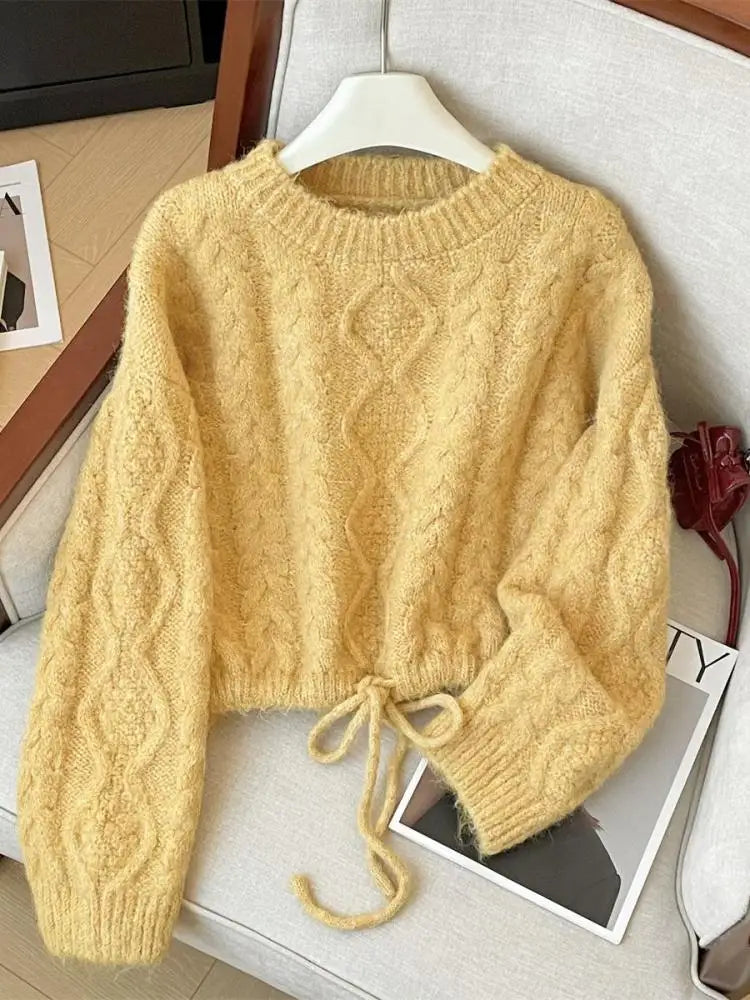 French Fashion Autumn Winter Beige Yellow Elegant Drawstring Lace-up Short Sweater Women's 2024 New Grey Long Sleeved Knit Tops