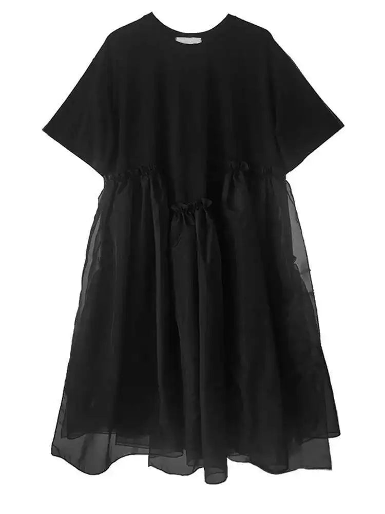 Women Black Organza Big Size Casual Dress New Round Neck Short Sleeve Loose Fit Fashion Tide Spring Summer 2025 1DF5074