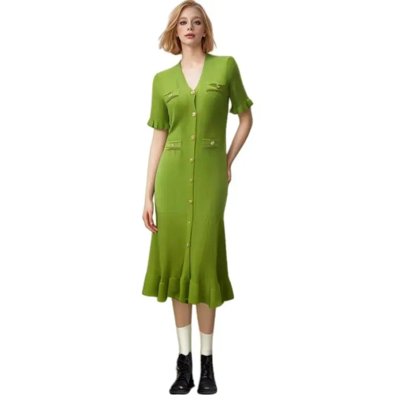 Women Solid V Neck Ruffles Edge Knitted Single Breasted Dress Fashion Spring Summer Short Sleeves Festival Long Dress Simplicity