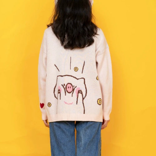 Load image into Gallery viewer, Women&#39;s Cartoon Pig Embroidery Knitted Sweaters And Pullovers Winter Thick Warm Girls Knit Jumpe Sweater Jacquard
