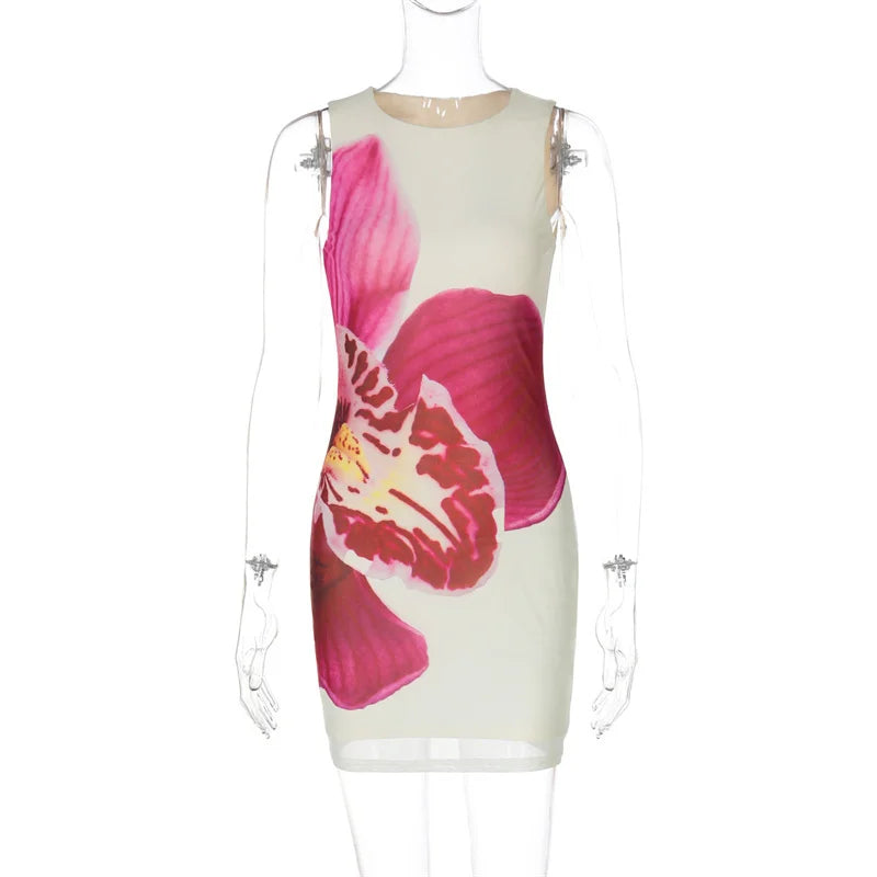 Mesh Floral Print Sexy Mini Dress Women Robe Summer New O Neck Sleeveless Slim Beach Holiday Bodycon Club Dress