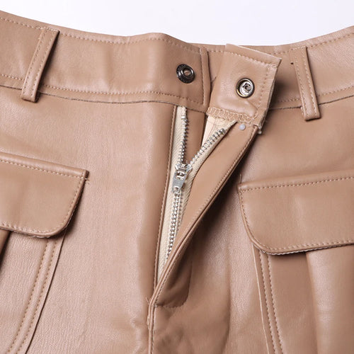 Load image into Gallery viewer, Solid Patchwork Pockets Leather Shorts For Women High Waist Spliced Button Minimalist Temperament Short Pant Female
